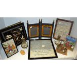 Boxes and Objects - an early to mid 20th century Oriental Postcard album ; framed Samplers;