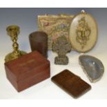 Boxes and Objects - a leather cup; a crocodile wallet; a lady's embroidered bag;