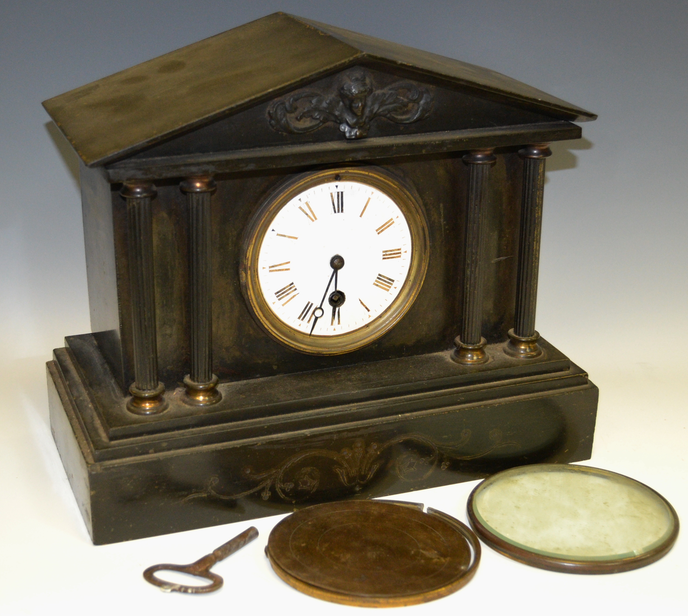 A Victorian slate effect mantel clock c1870