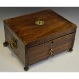 A 19th century mahogany work box, bat wing paterea to angles, chequered banding,