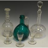 Glassware - a trio of 18th century cordial glasses; a wheel cut decanter;