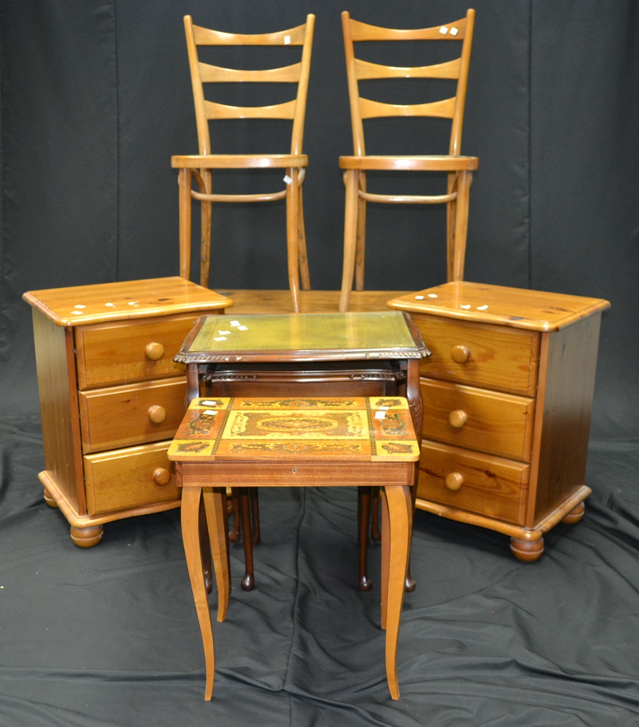 Two bentwood chairs; an oak blanket box; a pair of pine bedside chest; an inlaid musical work table;