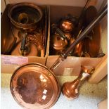Metalware - a copper bed warmer; copper kettles; cider ladles; miniature pans;