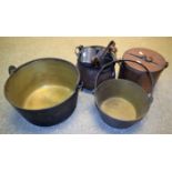 Kitchenalia - a copper cooking vessel with cover; others similar including brass jam pans, saucepan,