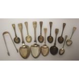 George III and later silver flatware, including table, dessert, teaspoons, tongs, etc.
