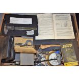 Tools - engineering gauges, micrometers, some boxed, pressure gauge, calipers, voltometers,