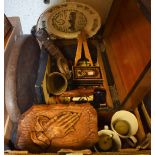 Boxes and Objects - a rosewood workbox; a car horn; wooden serving platter;