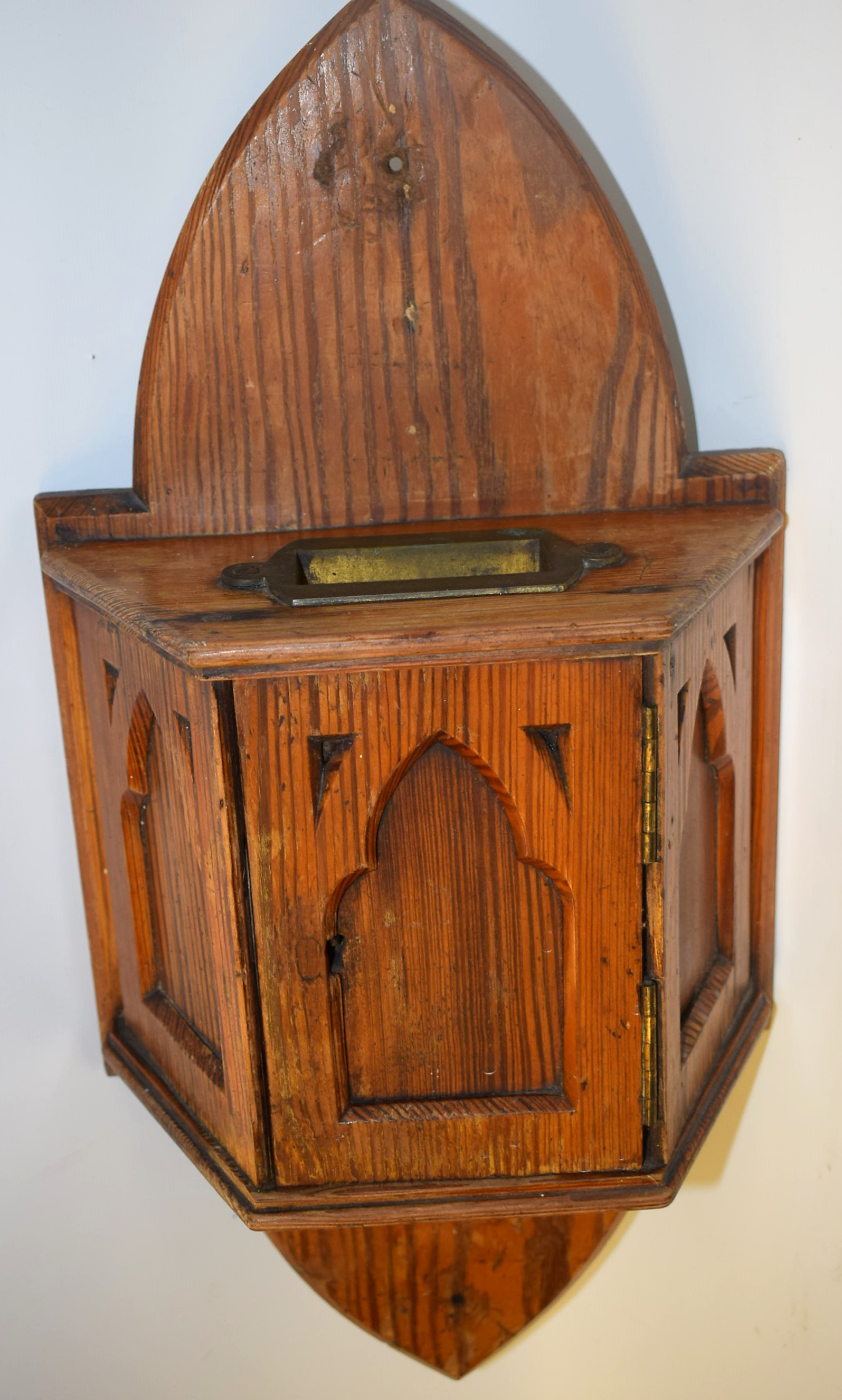 A pitch pine Gothic wall mounted alms/collection box