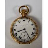 A gold plated Record Dreadnought open face pocket watch, white dial, bold Roman numerals,