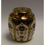 A Royal Crown Derby Imari 1128 pattern ovoid ginger jar and cover, solid gold band, 11cm high,