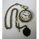 Pocket Watch - a base metal pocket watch, white dial, bold Roman numerals,