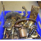 Metalware - a brass jam pan; a quantity of horse brasses; blowtorch; candlesticks; trivet;