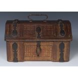 A 19th century Spanish tooled and gilt leather table casket, hinged cover with swing handle,