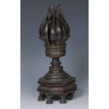 A 19th century Indian bronze articulated incense burner, as a lotus, screw-threaded mechanism,