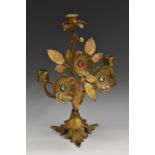 A 19th century gilt metal candelabra, as a spray of flowers, each set with a coloured paste stone,