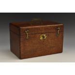 A 19th century mahogany rounded rectangular box, hinged cover with flush brass campaign-type handle,