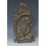 A 19th century bronze country house door stop, cast with a fox mask and hunting regalia,