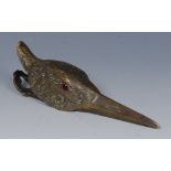 A 19th century gilt metal novelty desk clip, as the head of a bird, glass eyes, 11.5cm long, c.