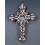 A 19th century Grand Tour micromosaic cross, inlaid in white, pink, green and blue, gilt metal back,