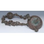 A 19th century bronze Indian temple ceiling lamp, cast with pierced orb,