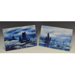 A pair of English opaque glass rectangular panels, pained by R Cotton, with sailing boats,