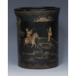 A Japanese black lacquered brush pot, decorated in gilt with figures , pine tree rocks and fence,