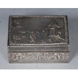 A Dutch silver rectangular snuff box, hinged cover embossed with a figure working beside a windmill,