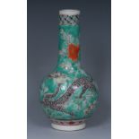 A Chinese porcelain globular bottle vase, painted with a ferocious dragon in tones of sallow, red,