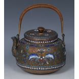 A Japanese cloisonne tea kettle, enamelled with stylised flowers and foliage, in tones blue, red,