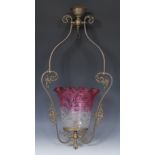 A late Victorian cranberry glass and gilt brass ceiling light,