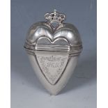 A 19th century Dutch silver heart shaped marriage box, hinged cover with crown finial, 6.