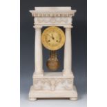A 19th century alabaster portico clock, 11cm circular gilt metal dial inscribed with Roman numerals,