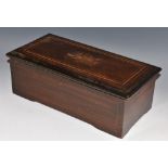 A 19th century Swiss rosewood, faux rosewood and marquetry rectangular music box,