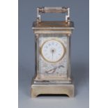 A late 19th century French silver and enamel miniature carriage clock,