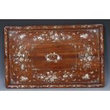 A 19th century Chinese padouk wood and mother-of-pearl marquetry rounded rectangular tray,