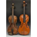 A violin, the two-piece back 35.75cm long excluding button, outlined throughout with purfling, 60.