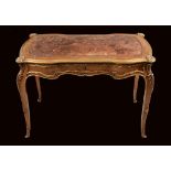 A Louis XV revival gilt metal mounted rosewood and mahogany shaped serpentine bureau plat,