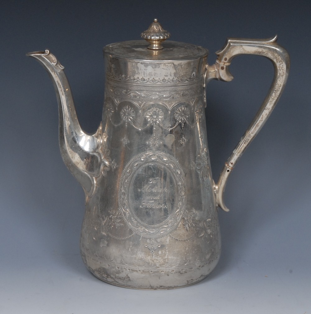 A Victorian silver conical coffee pot, bright cut engraved throughout in the Neoclassical manner,