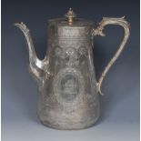 A Victorian silver conical coffee pot, bright cut engraved throughout in the Neoclassical manner,