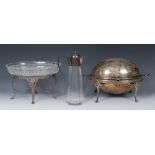 A Victorian silver plated breakfast dish on stand, domed hinged cover, two handles,