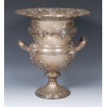 A silver plated campana shaped two handled wine cooler, applied fruiting vines rim,