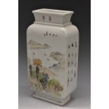 A Chinese slab-sided vase, painted in polychrome with female figures in an interior,
