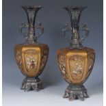 A pair of Japanese silver, lacquer, shibayama and enamel vases,