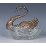 A Continental silver and glass novelty swan spoon warmer,clear glass base,