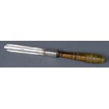 A George III silver apple corer, turned stained ivory handle, 16cm long, William Bateman, c.