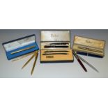 Pens - a Parker gold plated 20 micron three piece set, fountain,