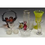 An uranium glass vase; a pair of cut glass salts; a silver collar celery vase;