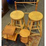 Two pine stools; towel rail; occasional tables;