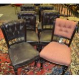 A set of six Victorian dining chairs, button backs, leather effect, one fabric,