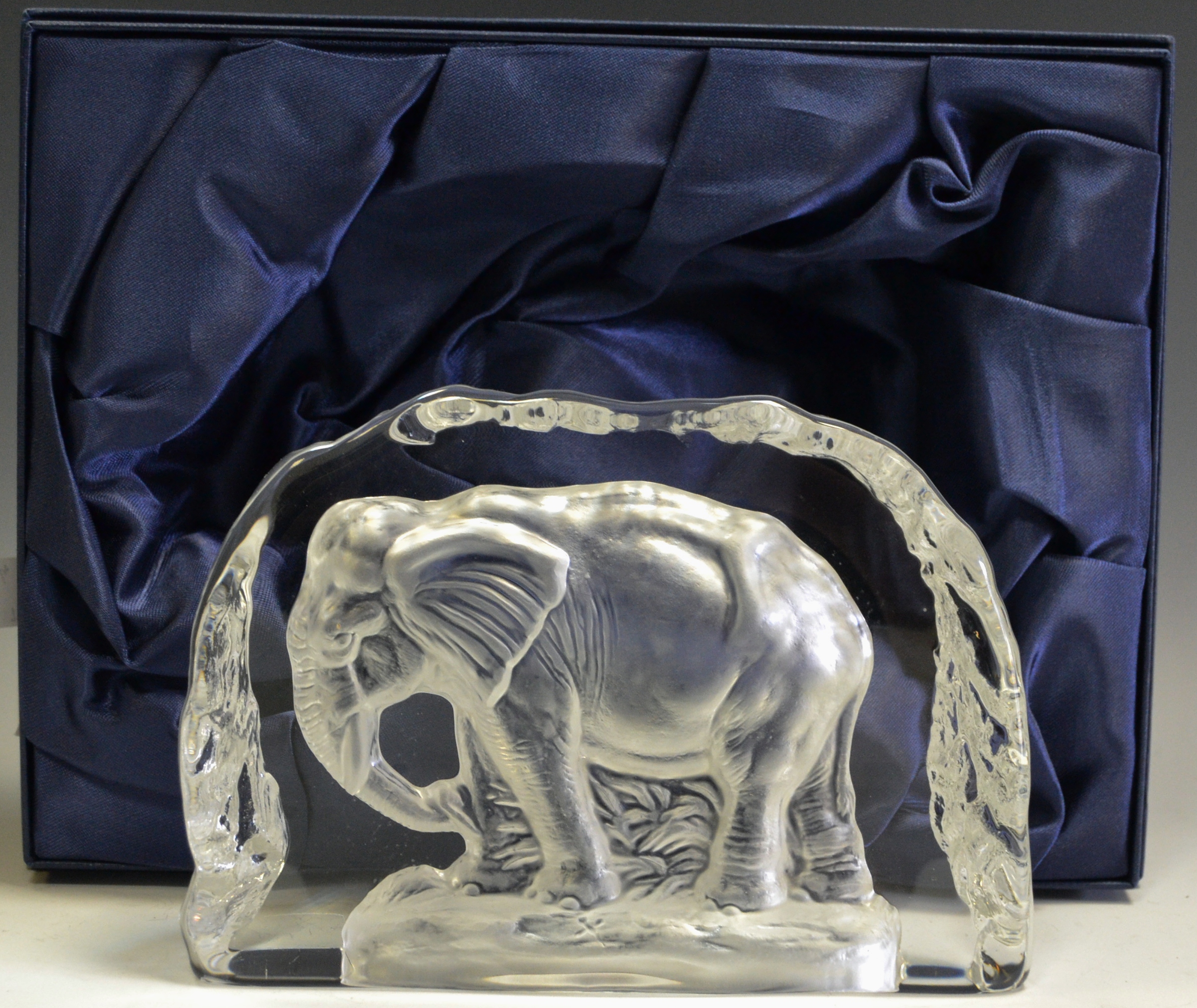 A Capredoni novelty glass paperweight embossed in a relief with a bull elephant